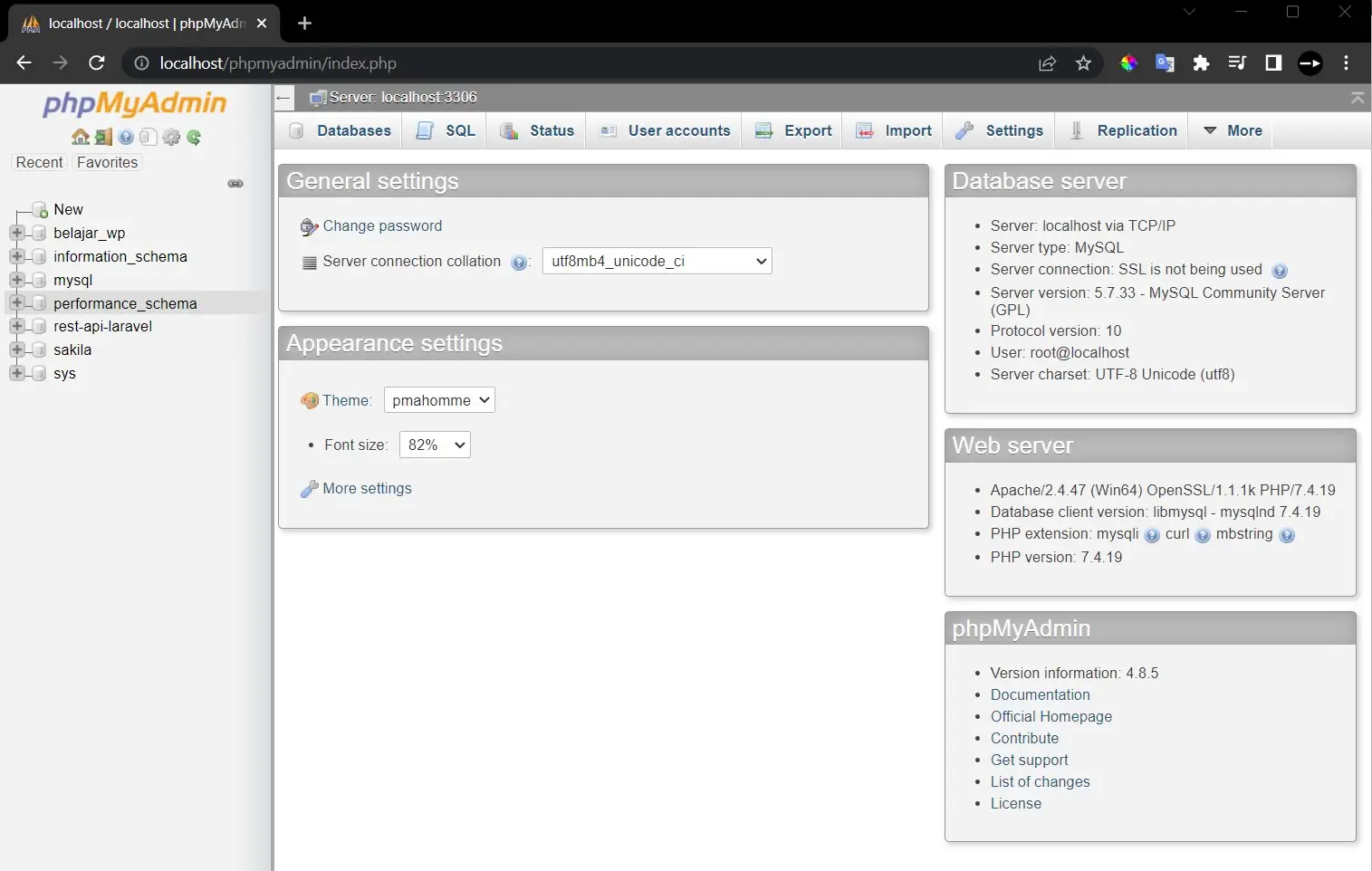 dashboard phpMyadmin mau menghapus database