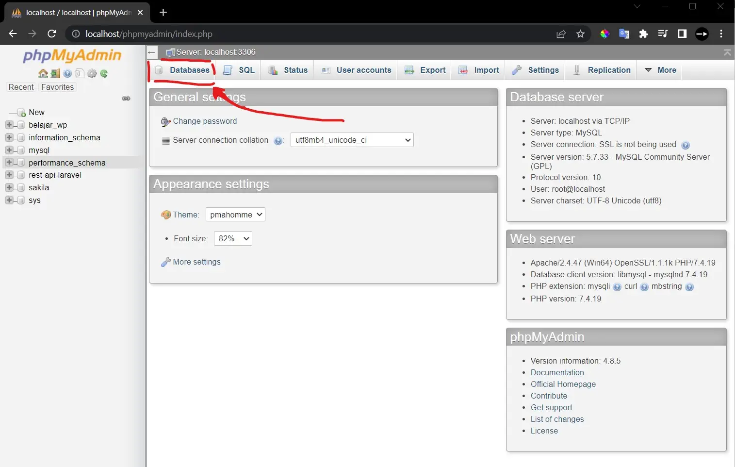 dashboard phpMyadmin list databases