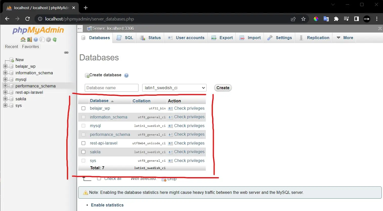 dashboard phpMyadmin list databases yang terdapat di mysql