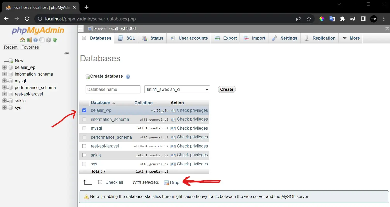 proses cara hapus databases di phpMyadmin