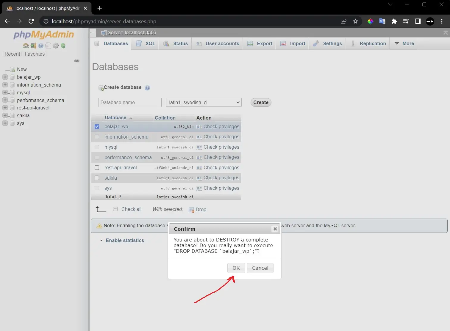 alert hapus databases di phpMyadmin