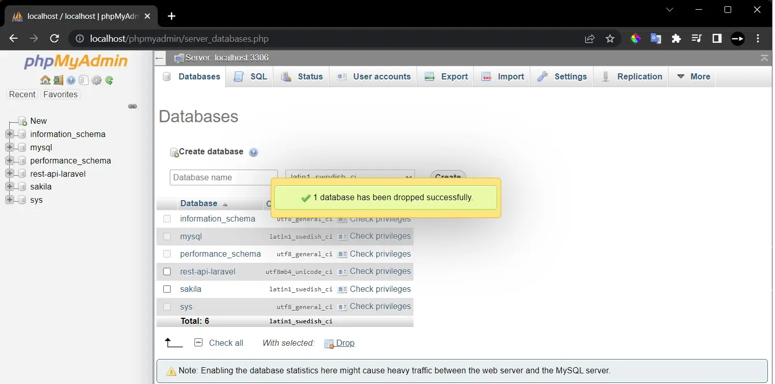 alert berhasil hapus databases di phpMyadmin