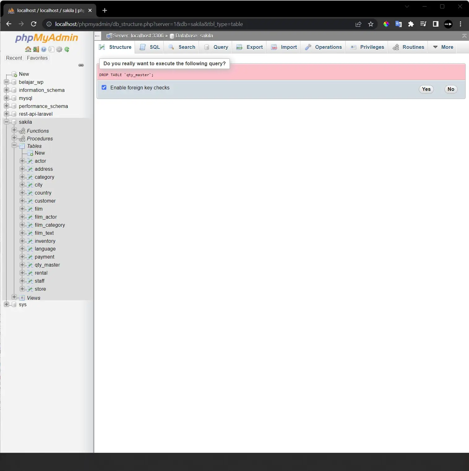 menghapus tabel di phpMyadmin