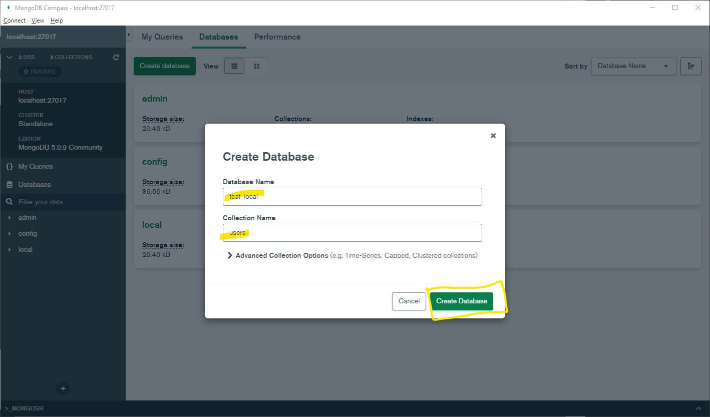 MongoDB compass buat collection