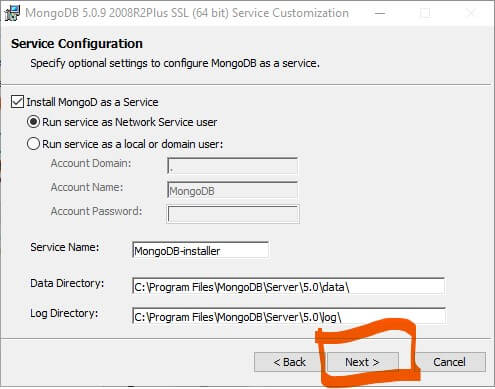tahap Next proses install mongodb di windows
