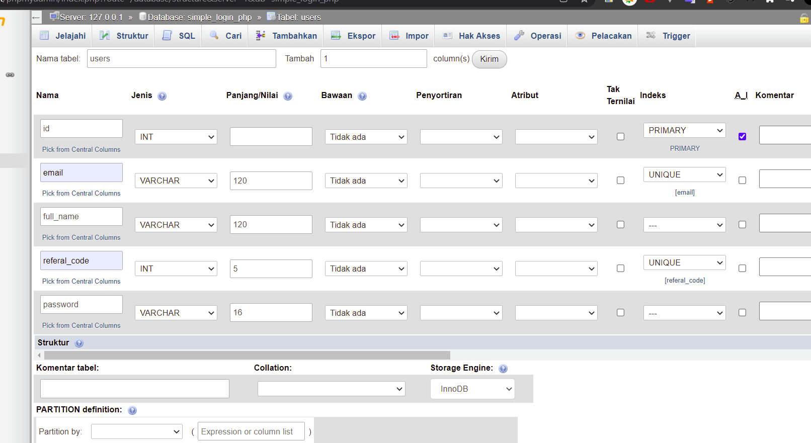 tipe data tabel di phpmyadmin