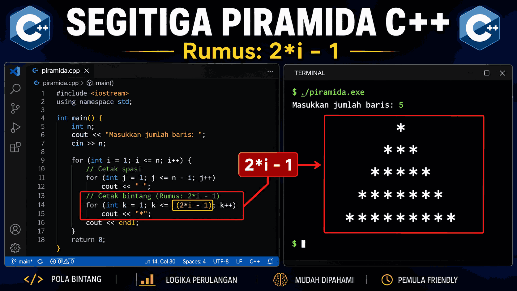 Membuat Program Segitiga Bintang C++: 5 Pola Lengkap (Siku, Piramida, Angka)